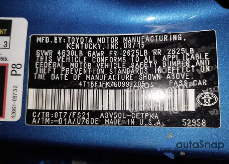 2016 Toyota Camry Se из США, поврежденный, VIN 4T1BF1FK7GU999205